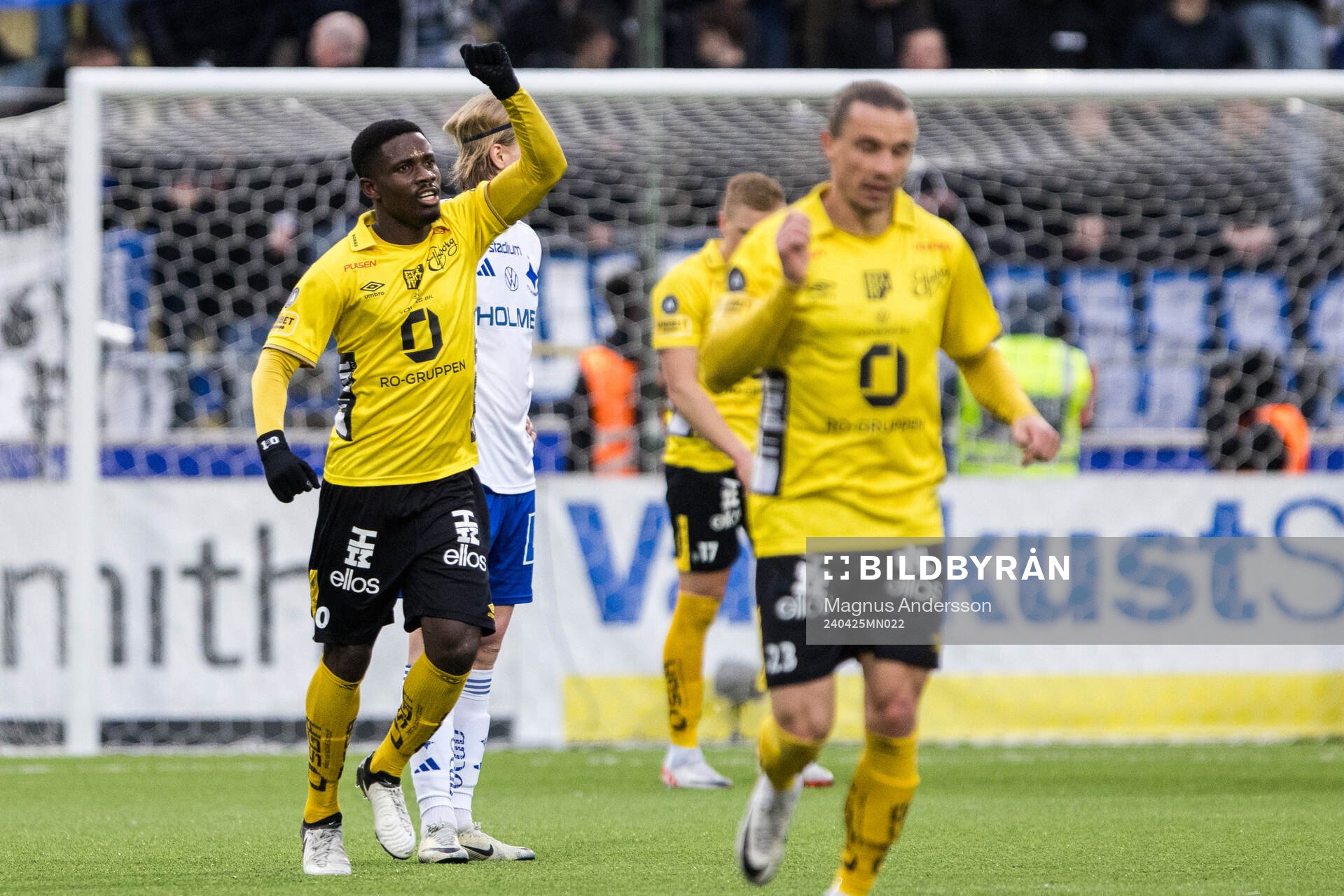 Elfsborgs Michael Baidoo jublar efter att han gjort 0-1 under fotbollsmatchen i Allsvenskan mellan IFK Norrköping och Elfsborg den 25 april 2024 i Norrköping.