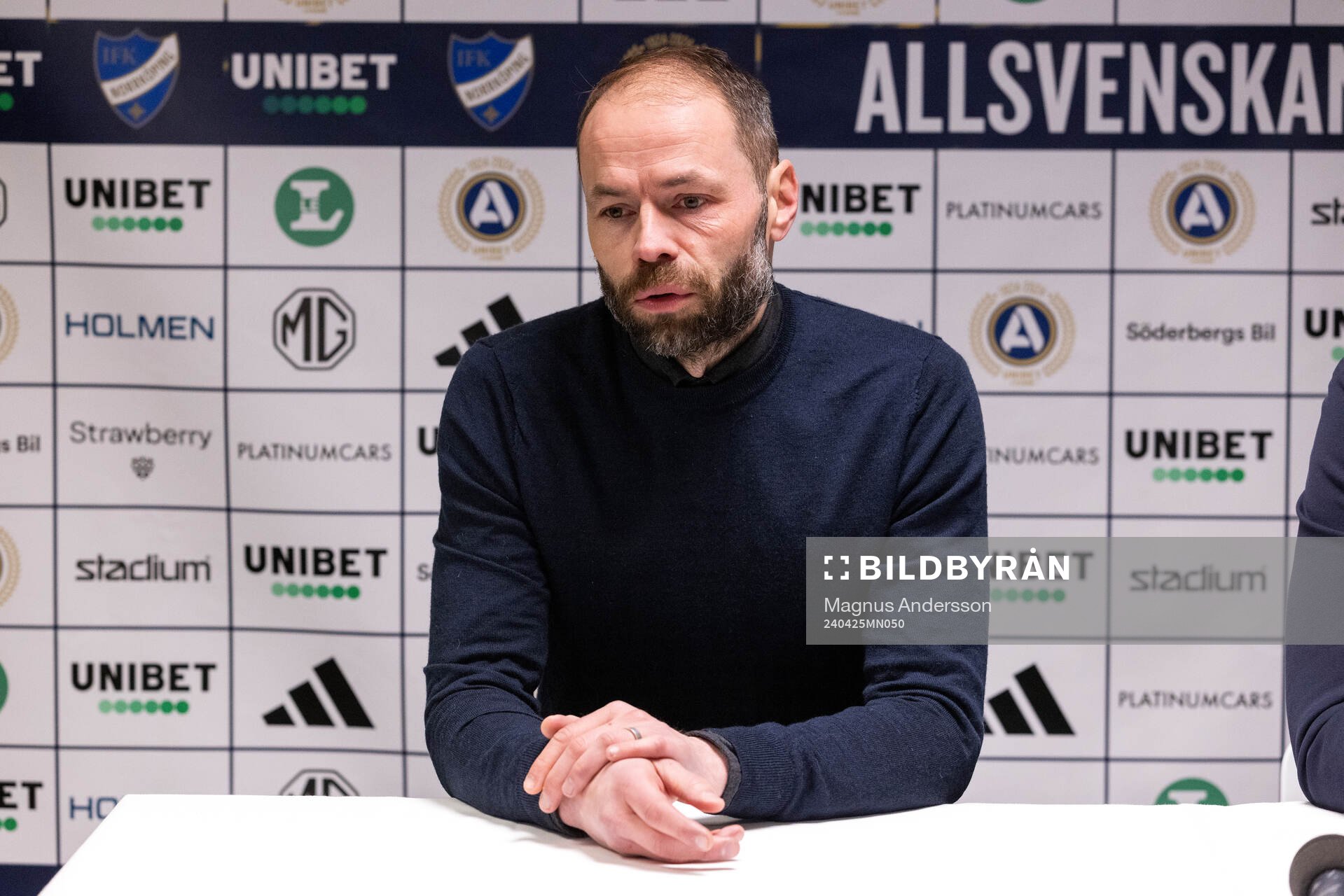 IFK Norrköpings tränare Andreas Alm under en presskonferens efter fotbollsmatchen i Allsvenskan mellan IFK Norrköping och Elfsborg den 25 april 2024 i Norrköping.