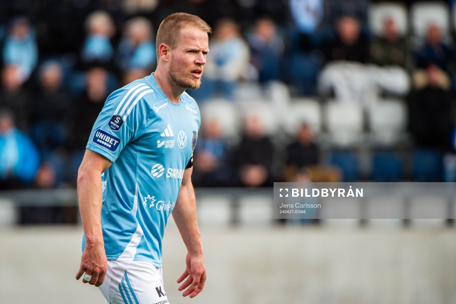 Gefles Martin Rauschenberg Brorsen under fotbollsmatchen i Superettan mellan Gefle och Sandviken den 27 april 2024 i Gävle. 