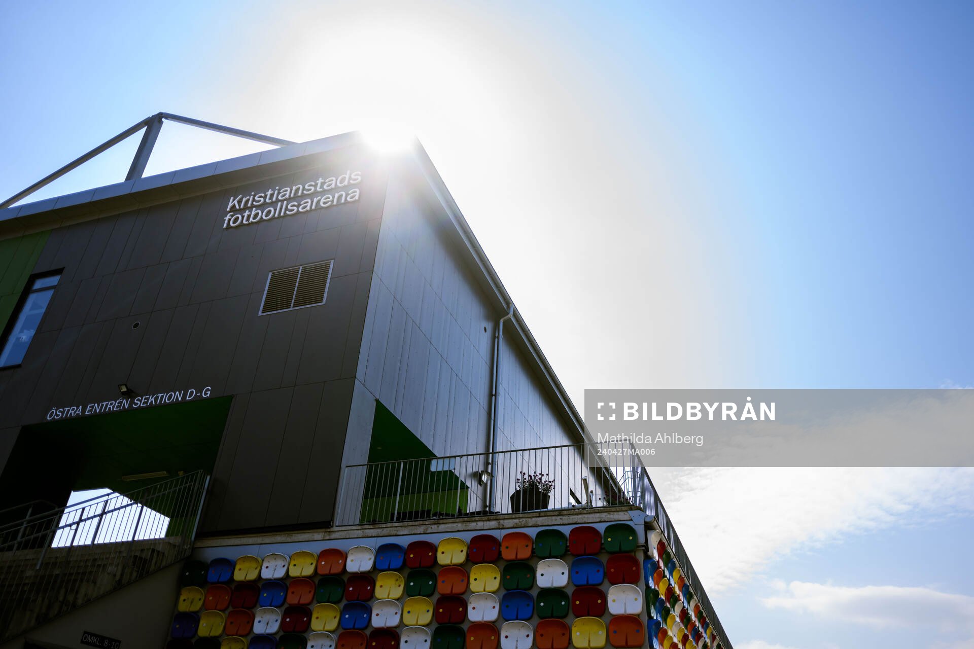 Exteriör av Kristianstad fotbollsarena inför fotbollsmatchen i Damallsvenskan mellan Kristianstad och Hammarby den 27 april 2024 i Kristianstad.