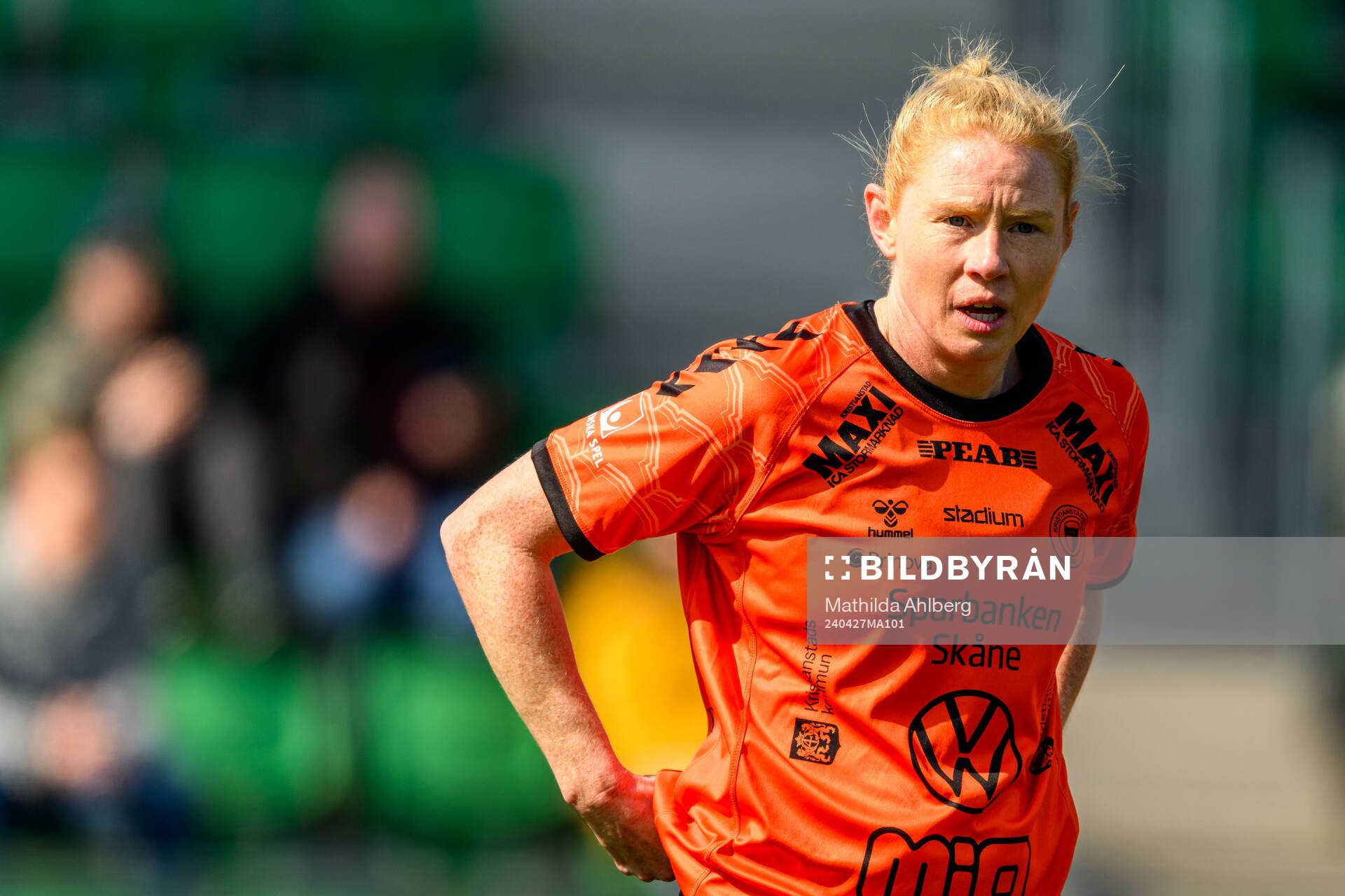 Kristianstads Clare Elizabeth Polkinghorne under fotbollsmatchen i Damallsvenskan mellan Kristianstad och Hammarby den 27 april 2024 i Kristianstad.
