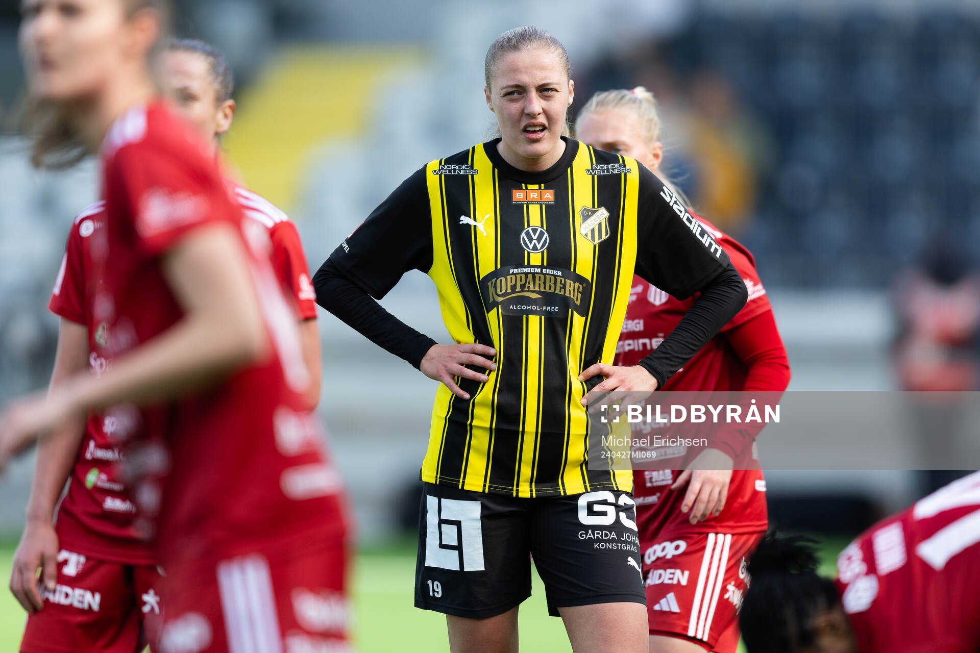 Häckens Elma Junttila Nelhage under fotbollsmatchen i Damallsvenskan mellan Häcken och Piteå den 27 april 2024 i Göteborg. 