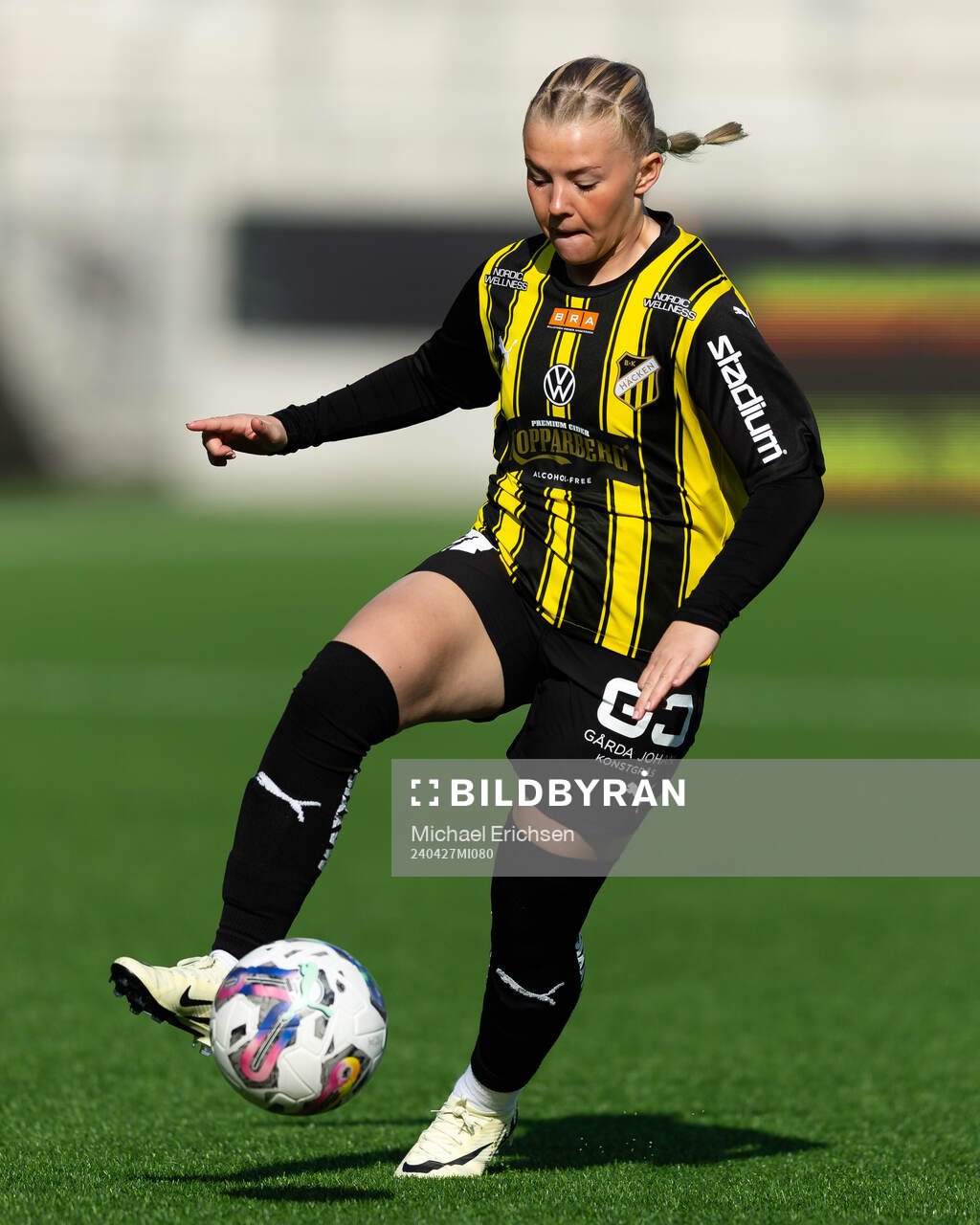 Häckens Matilda Nildén under fotbollsmatchen i Damallsvenskan mellan Häcken och Piteå den 27 april 2024 i Göteborg. 