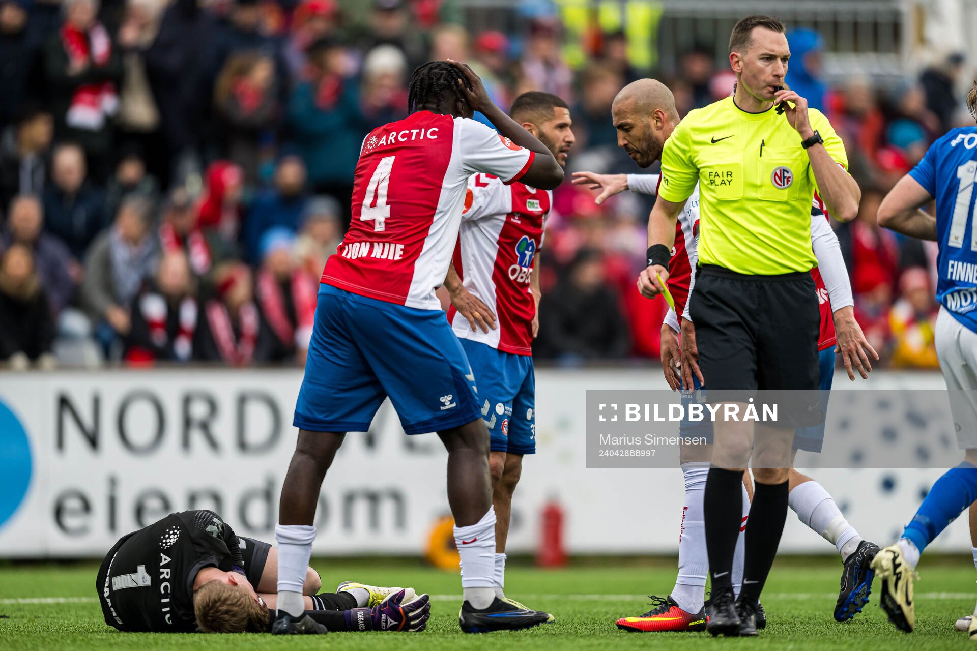 Emil Ødegaard of KFUM with an injury during the Eliteserien match between KFUM and Brann on April 28, 2024 in Oslo. 