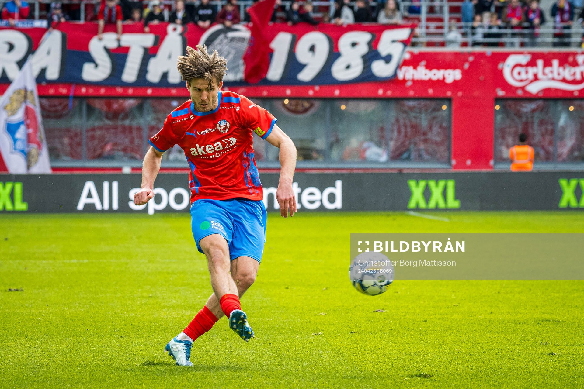 Helsingborgs Wilhelm Loeper under fotbollsmatchen i Superettan mellan Helsingborg och Östersund den 28 april 2024 i Helsingborg.