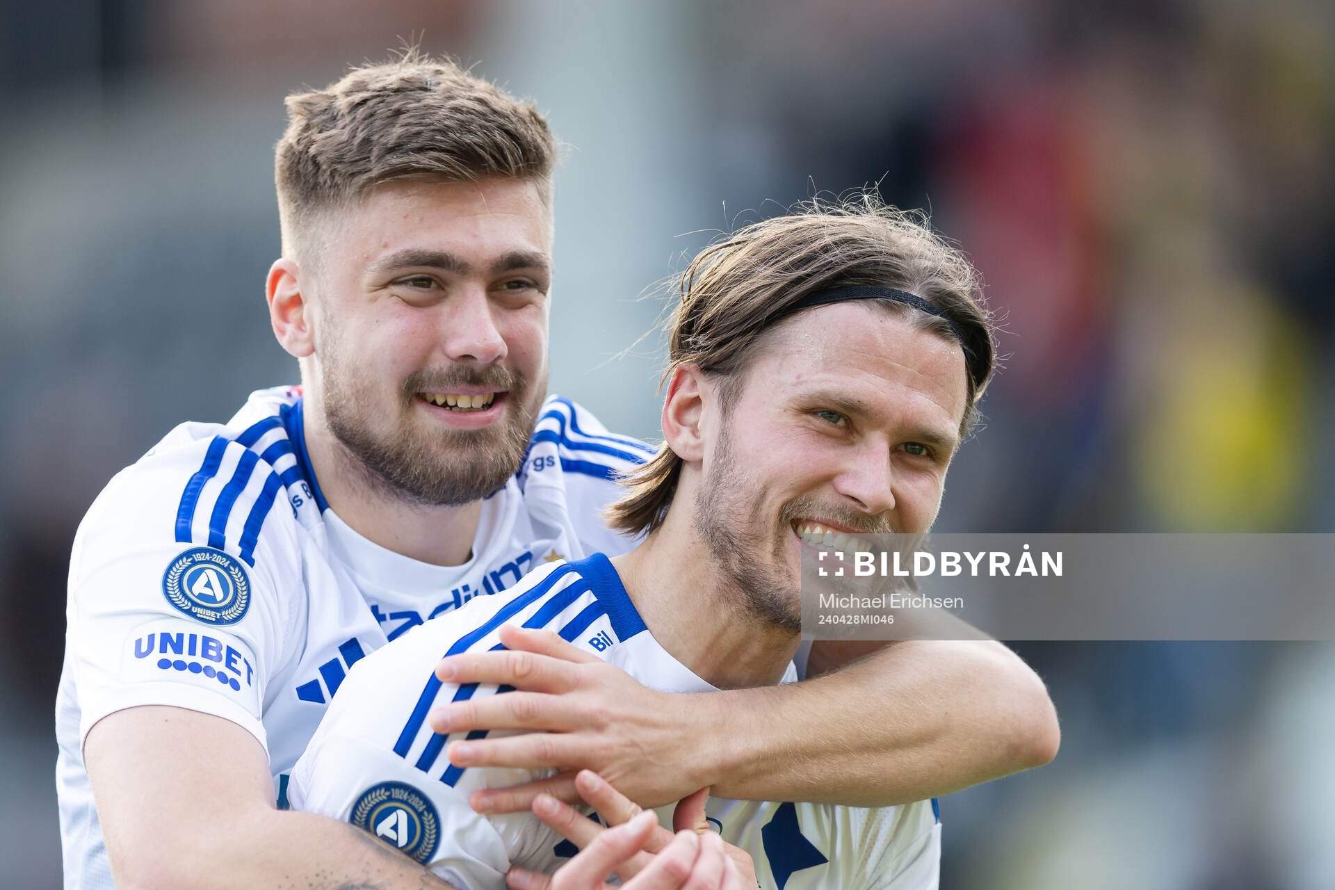 IFK Norrköpings Tim Prica och Arnor Traustason jublar efter fotbollsmatchen i Allsvenskan mellan Häcken och IFK Norrköping den 28 april 2024 i Göteborg.