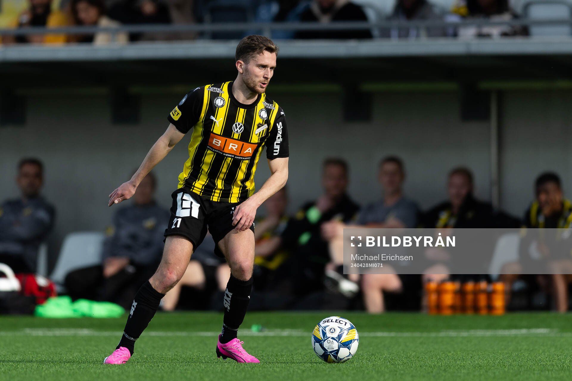 Häckens Adam Lundkvist under fotbollsmatchen i Allsvenskan mellan Häcken och IFK Norrköping den 28 april 2024 i Göteborg. 