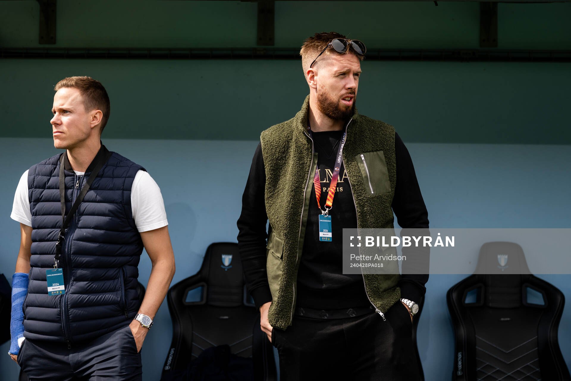 Malmö FFs Niklas Moisander och Pontus Jansson inför fotbollsmatchen i Allsvenskan mellan Malmö FF och AIK den 28 april 2024 i Malmö. 