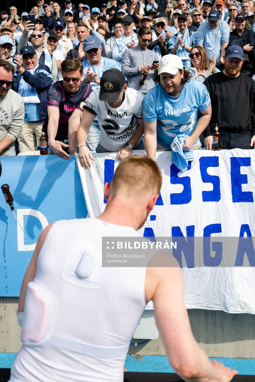 Malmö FFs Anders Christiansen jublar efter fotbollsmatchen i Allsvenskan mellan Malmö FF och AIK den 28 april 2024 i Malmö. 
