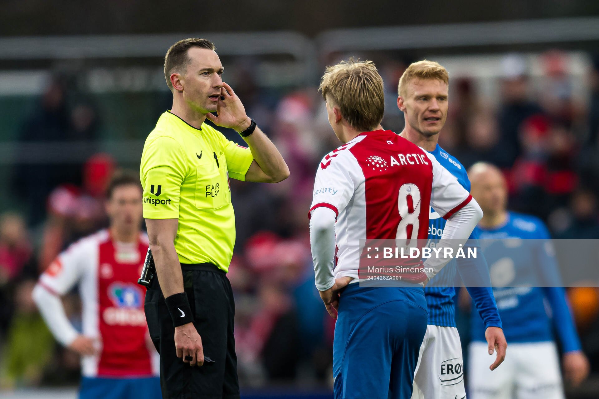 Marius Hansen Grøtta, referee, during a video assistant referee (VAR) check during the Eliteserien match between KFUM and Brann on April 28, 2024 in Oslo.