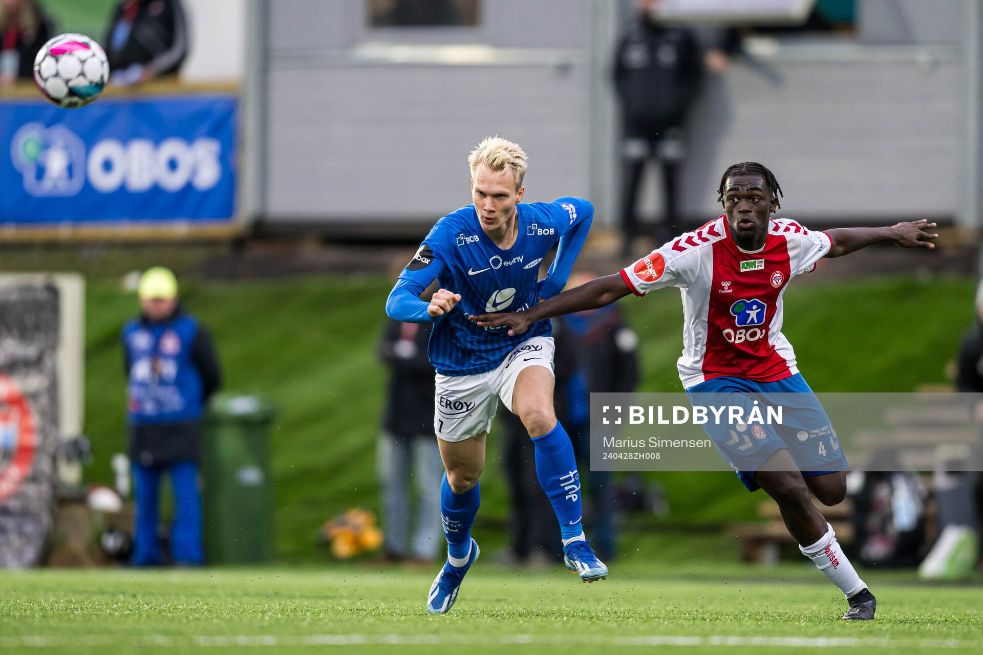 Magnus Warming of Brann and Momodou Lion Njie of KFUM during the Eliteserien match between KFUM and Brann on April 28, 2024 in Oslo. 