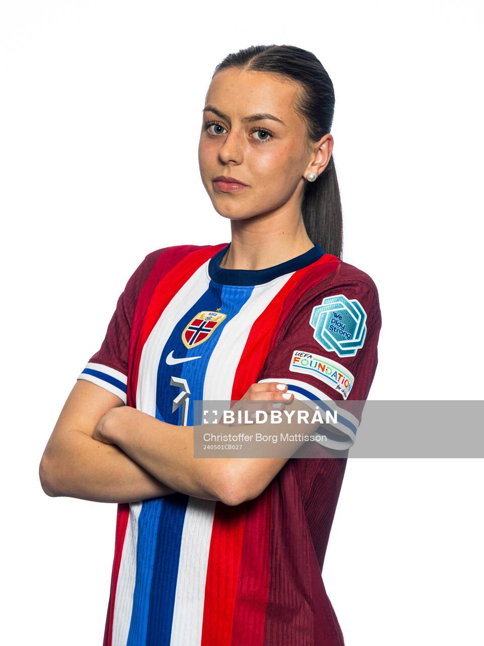 Nora Mjøs of the Norwegian U17 national football team poses for a portrait on May 1, 2024 in Malmö. 
