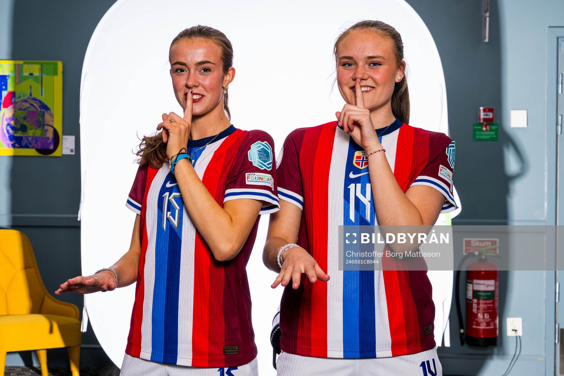 Elle Ulstein and Tuva Sagen of the Norwegian U17 national football team poses for a portrait on May 1, 2024 in Malmö. 