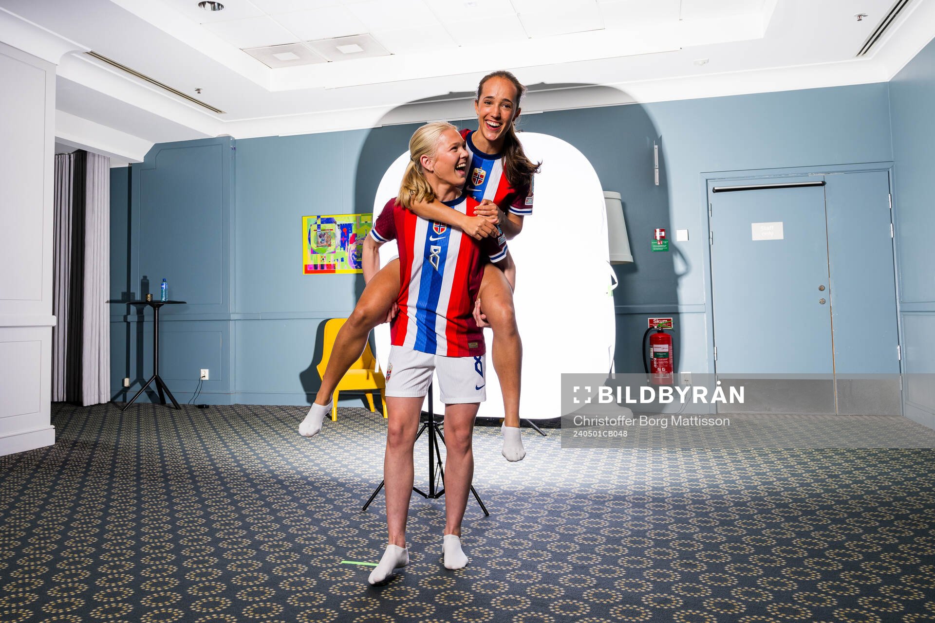 Linnea Moen and Estella Turflinger of the Norwegian U17 national football team poses for a portrait on May 1, 2024 in Malmö. 