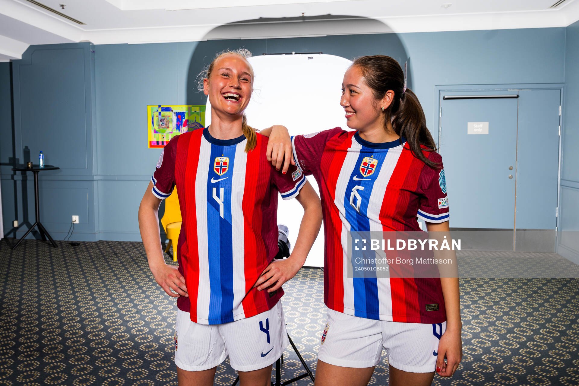 Josefine Lefdal and Henny Thorallsson of the Norwegian U17 national football team poses for a portrait on May 1, 2024 in Malmö. 

