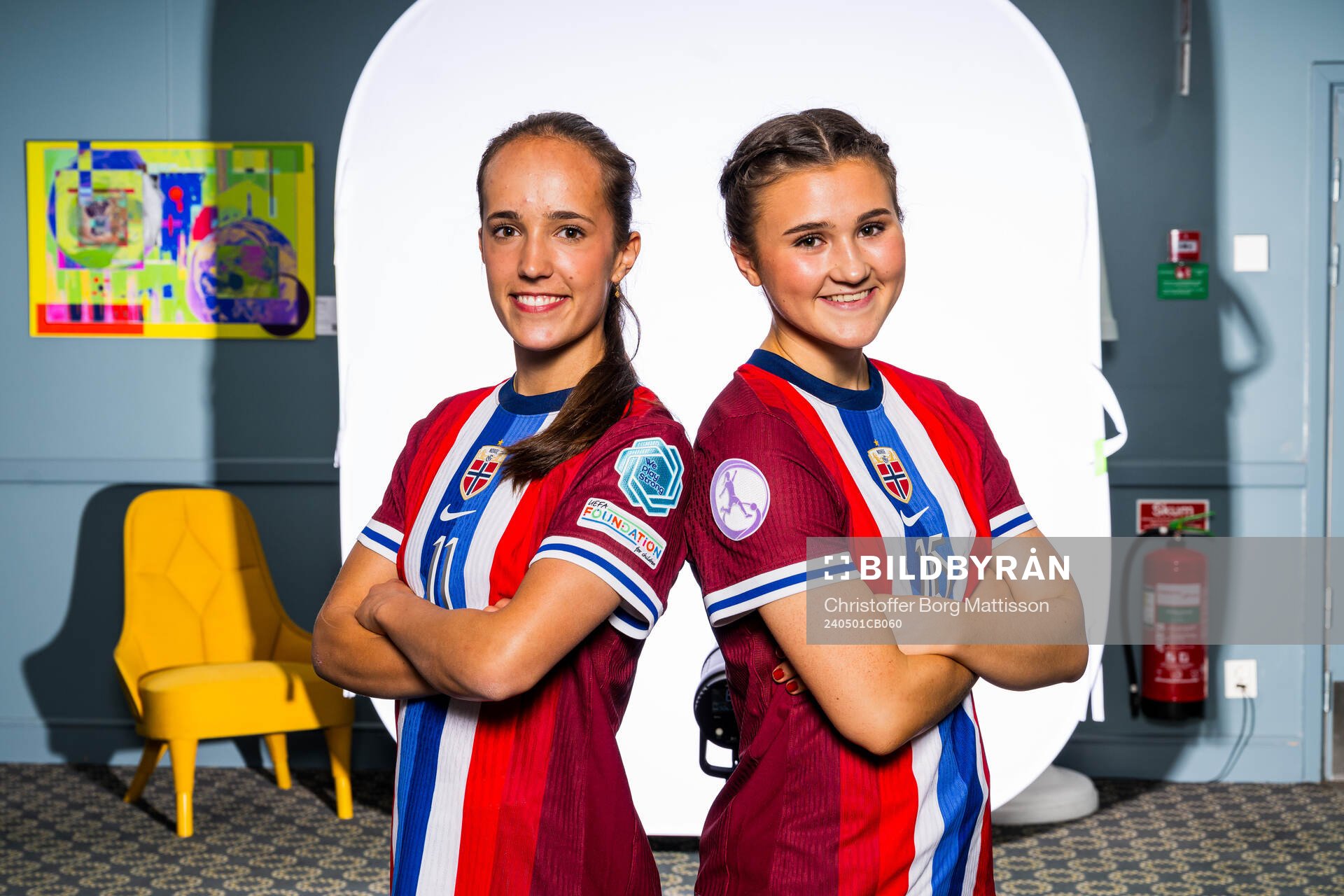 Estella Turflinger and Selma Jordfald of the Norwegian U17 national football team poses for a portrait on May 1, 2024 in Malmö. 