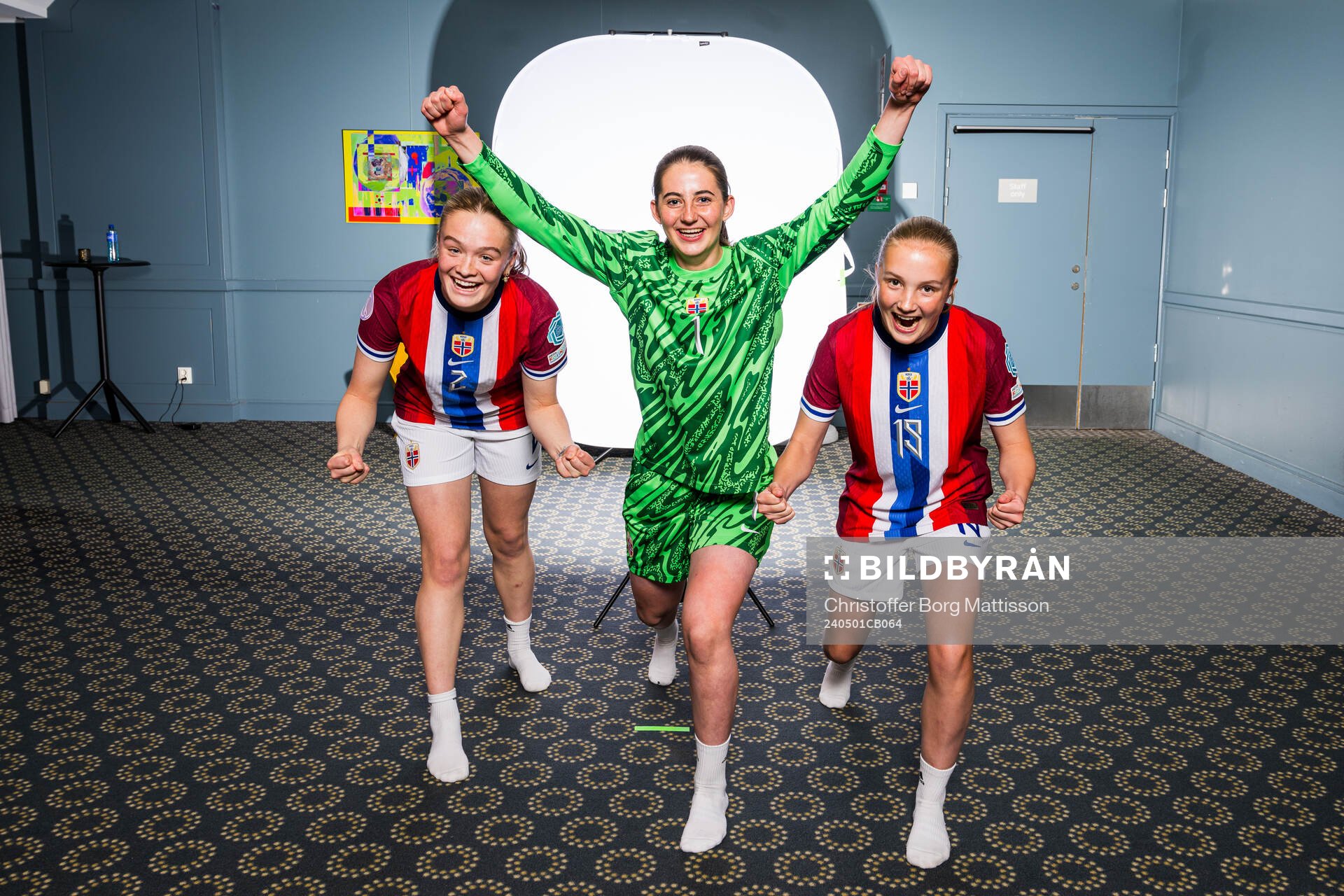 Ina Andreassen, goalkeeper Hanna Krog and Karna Sødahl of the Norwegian U17 national football team poses for a portrait on May 1, 2024 in Malmö.