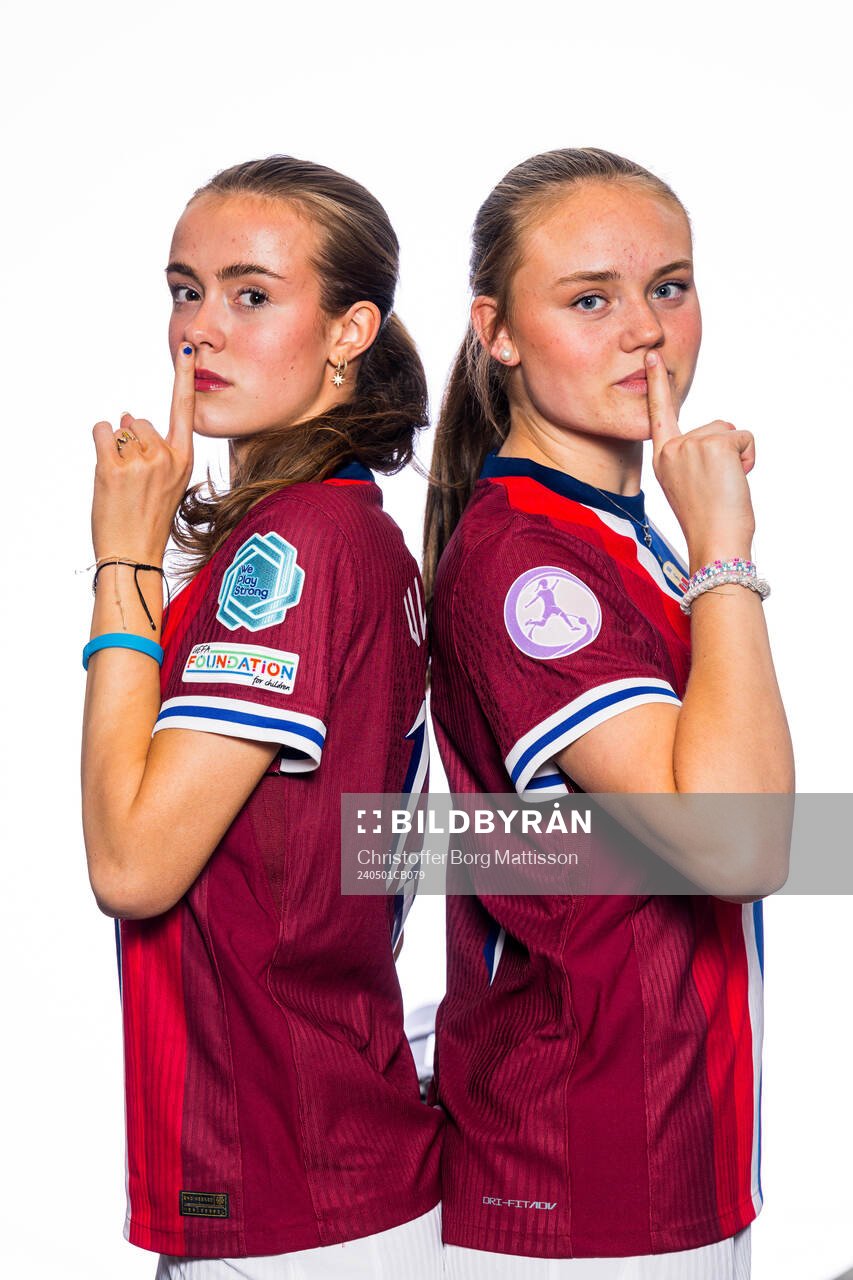 Elle Ulstein and Tuva Sagen of the Norwegian U17 national football team poses for a portrait on May 1, 2024 in Malmö. 