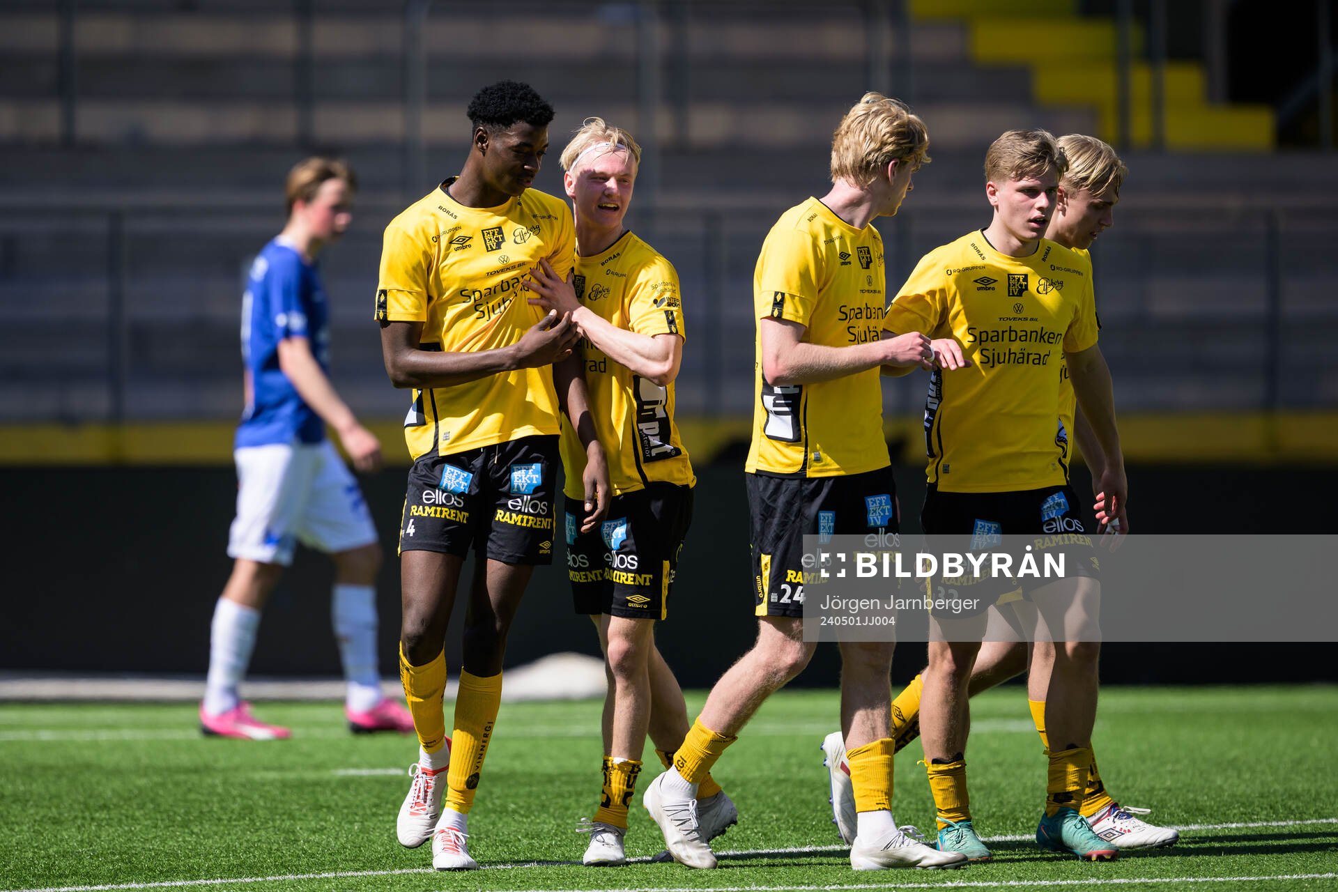Elfsborgs Mohammed Rufai jublar efter 1-0 under fotbollsmatchen i P19 Superettan Södra mellan Elfsborg och Trelleborg den 1 maj 2024 i Borås.
