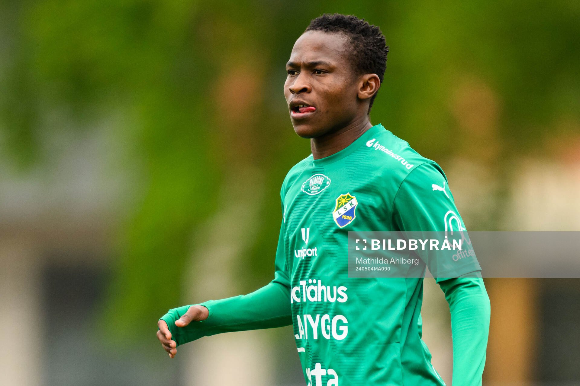 Ljungskiles John Thomas Kamara under fotbollsmatchen i Division 1 Södra mellan Ängelholm och Ljungskile den 4 maj 2024 i Ängelholm.