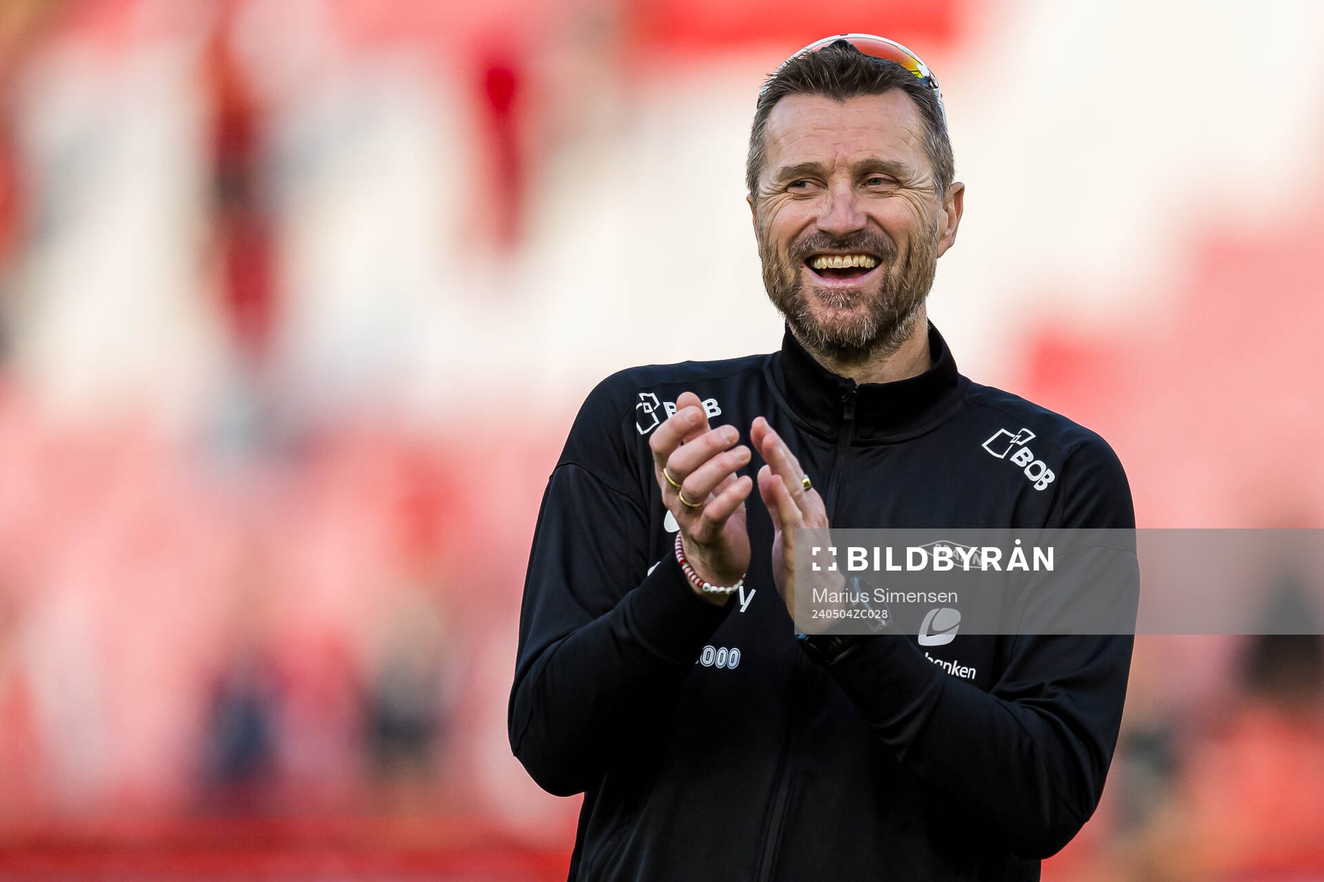 Eirik Horneland, head coach of Brann, celebrates after the Eliteserien match between Brann and Rosenborg on May 4, 2024 in Bergen. 