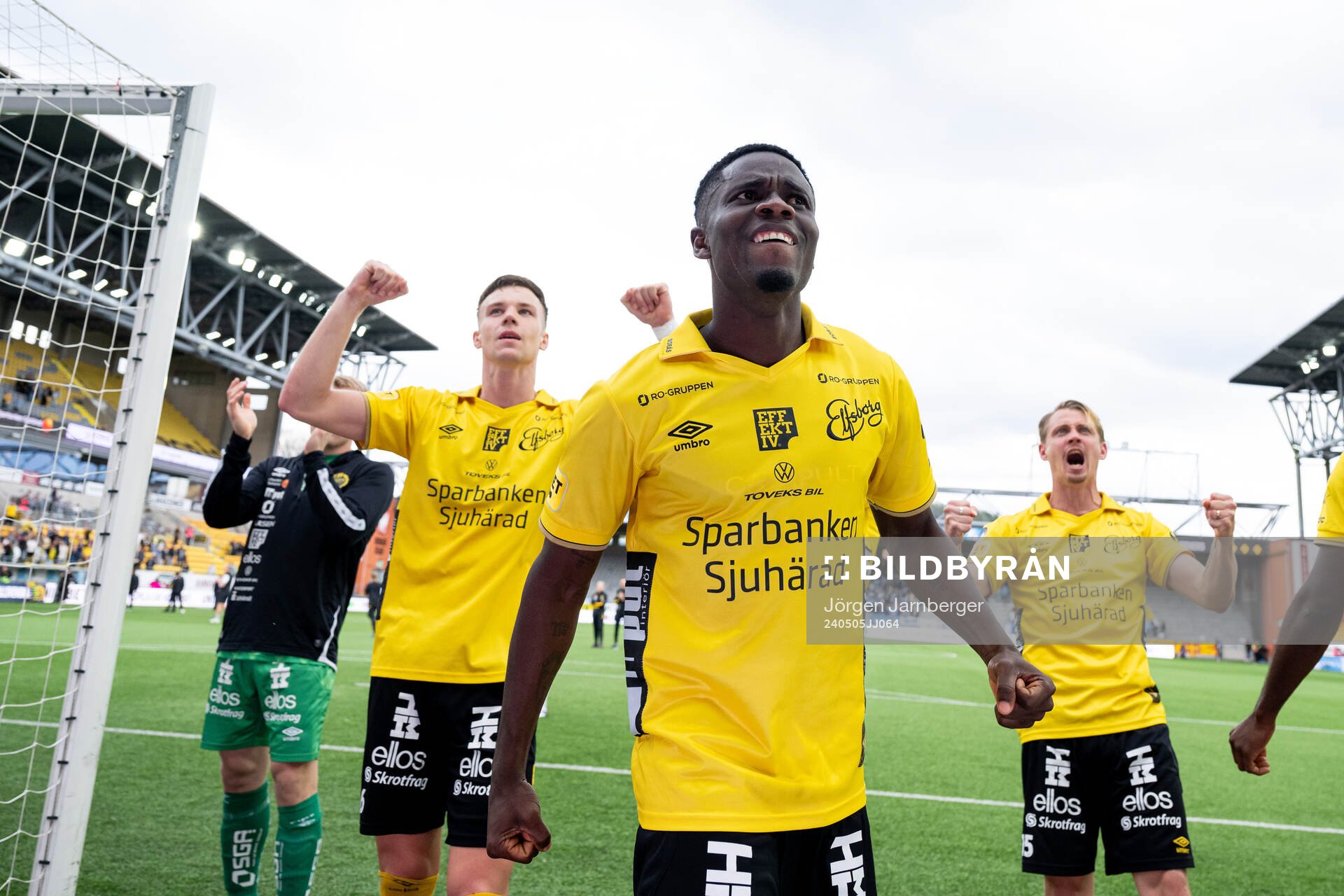 Elfsborgs spelare jublar efter fotbollsmatchen i Allsvenskan mellan Elfsborg och Malmö FF den 5 maj 2024 i Borås. 