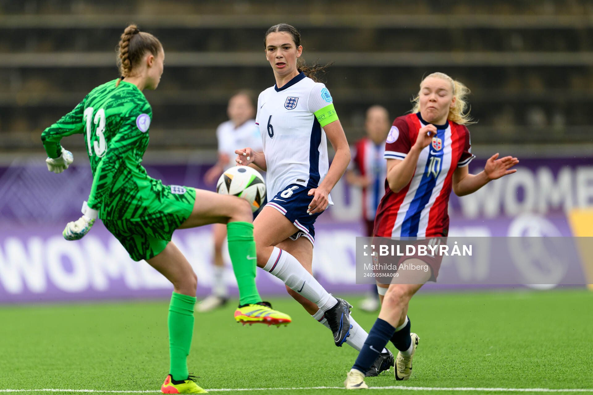 goalkeeper Rebekah Dowsett , Cecily Wellesley-Smith of England agasint Anny Kerim-Lindland of Norway during the UEFA Under-17 match between England and Norway on May 5, 2024 in Lund.