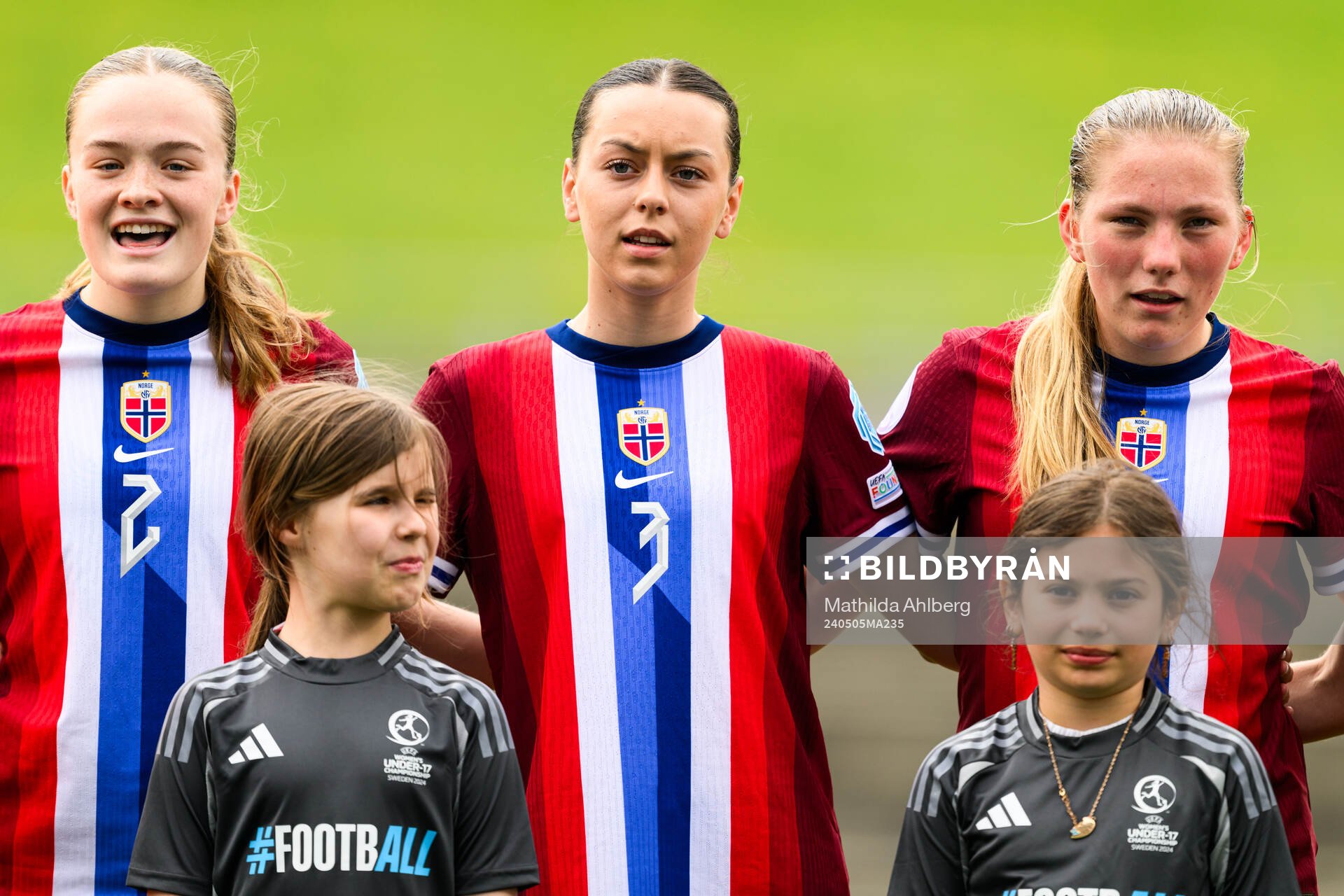 Ina Raaum Andreassen, Nora Mjøs and Andrea Buberg Sæteren of Norway during the UEFA Under-17 match between England and Norway on May 5, 2024 in Lund.