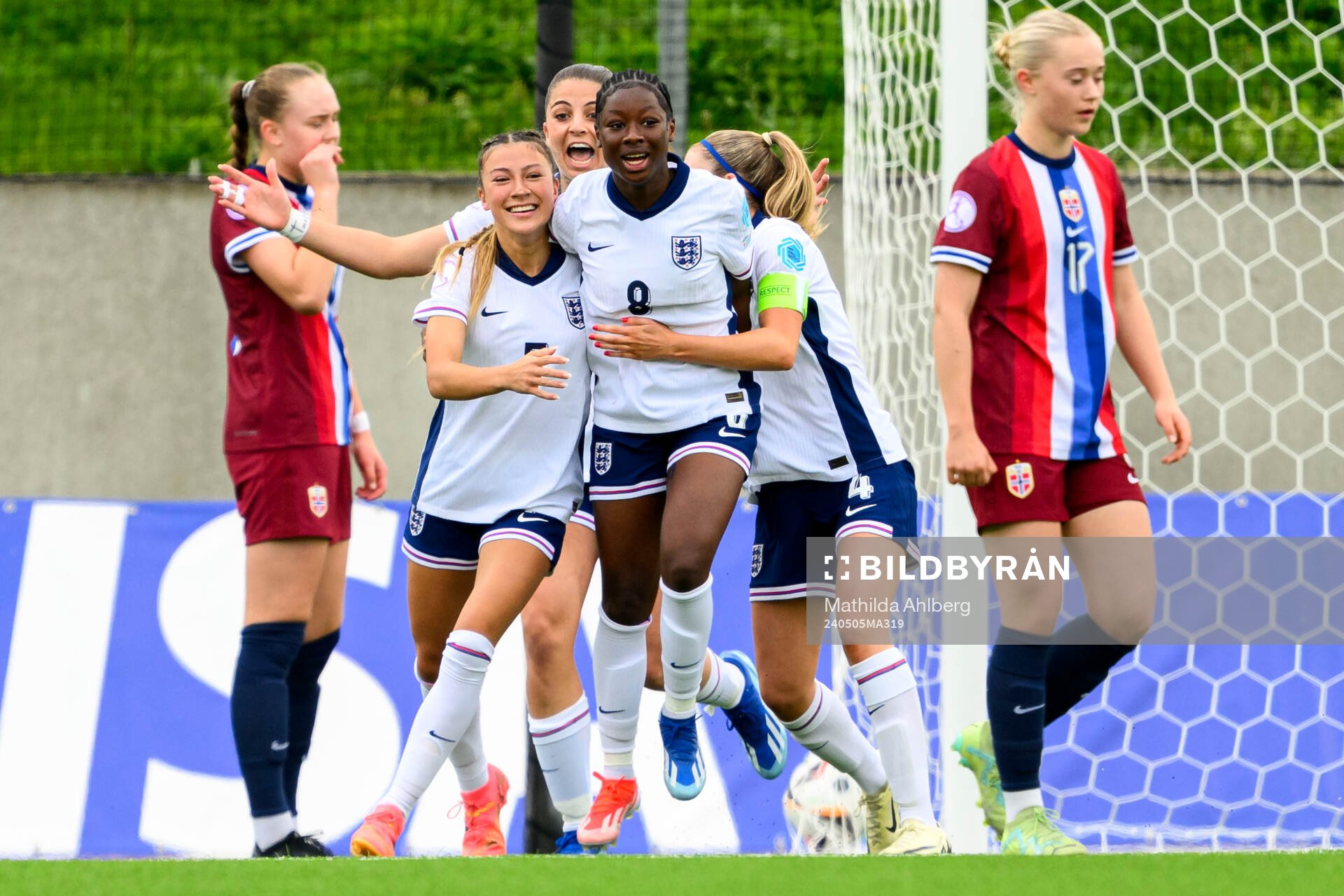 Erica Parkinson and Omotara Junaid of England celebrate during the UEFA Under-17 match between England and Norway on May 5, 2024 in Lund.