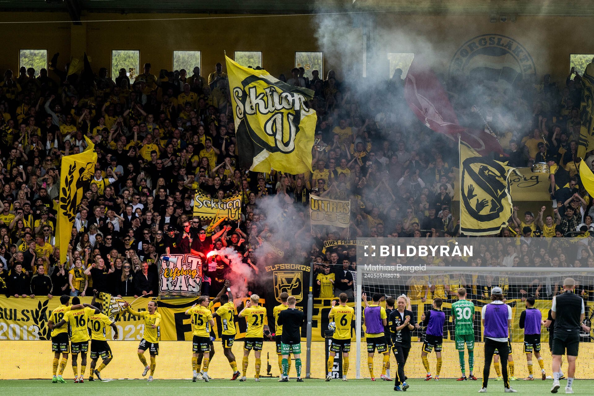 Elfsborgs spelare jublar efter fotbollsmatchen i Allsvenskan mellan Elfsborg och Malmö FF den 5 maj 2024 i Borås. 