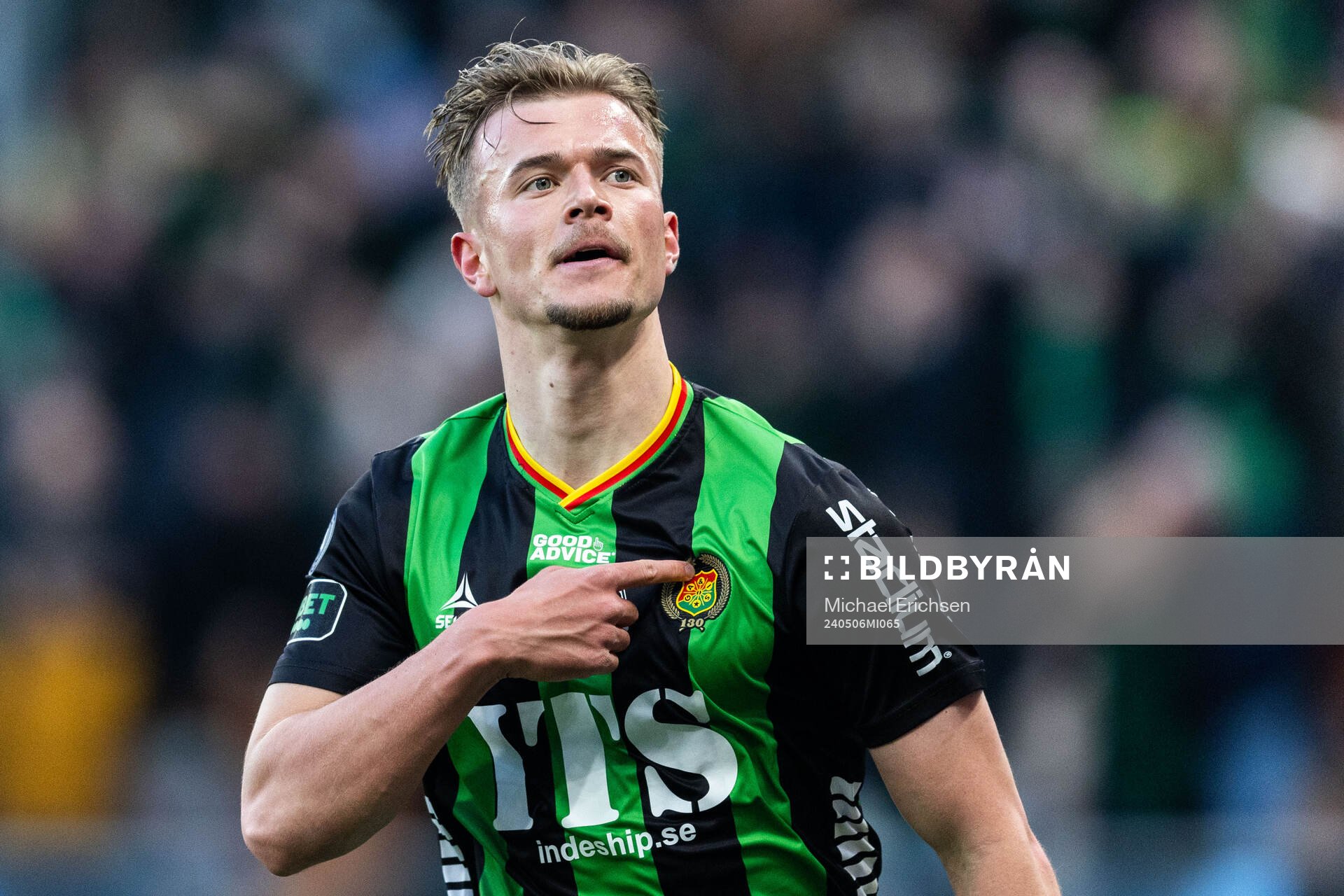 GAIS Alexander Ahl Holmström jublar efter 2-0 under fotbollsmatchen i Allsvenskan mellan GAIS och IFK Göteborg den 6 maj 2024 i Göteborg.