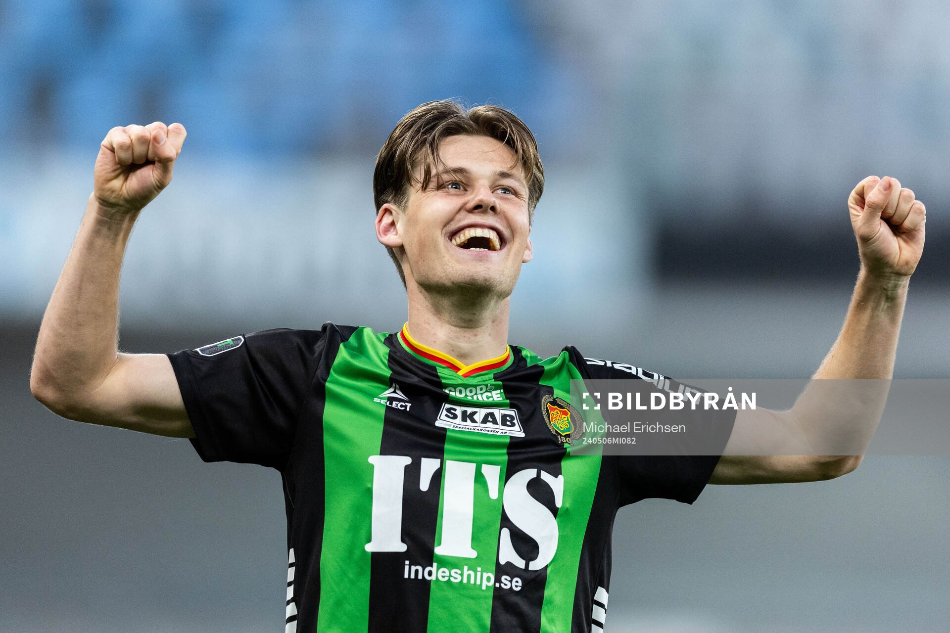 GAIS Axel Henriksson jublar efter fotbollsmatchen i Allsvenskan mellan GAIS och IFK Göteborg den 6 maj 2024 i Göteborg. 