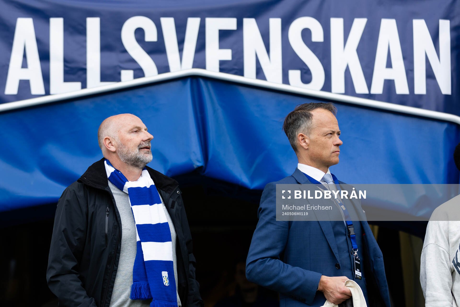 IFK Göteborgs klubbdirektör Håkan Mild och ordförande Rickard Berkling innan fotbollsmatchen i Allsvenskan mellan GAIS och IFK Göteborg den 6 maj 2024 i Göteborg.