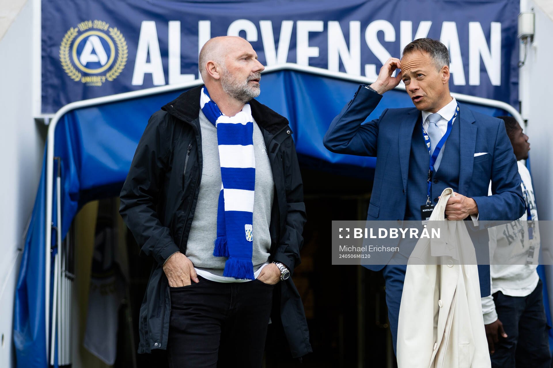 IFK Göteborgs klubbdirektör Håkan Mild och ordförande Rickard Berkling innan fotbollsmatchen i Allsvenskan mellan GAIS och IFK Göteborg den 6 maj 2024 i Göteborg.