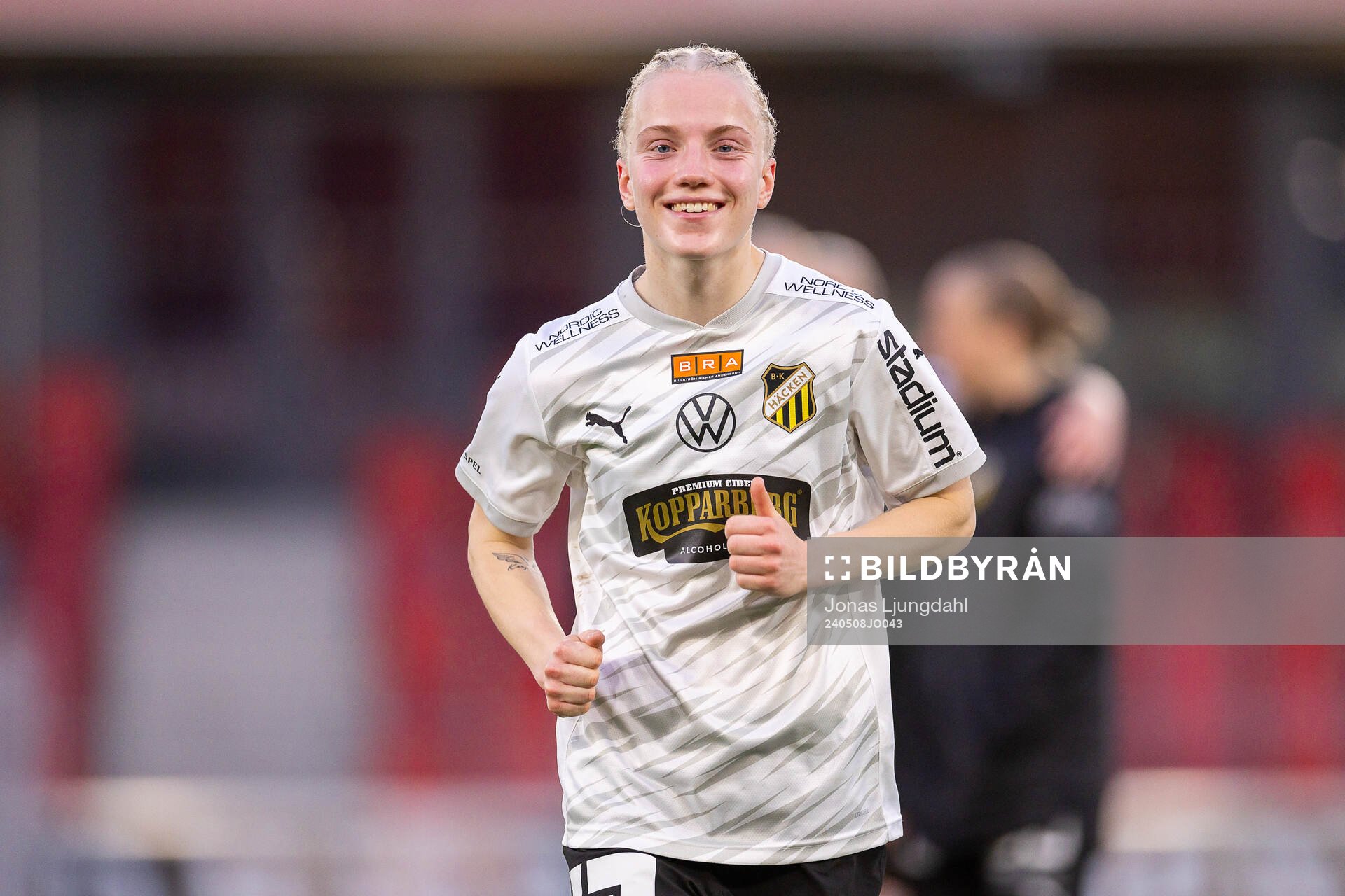 Häckens Anna Sandberg jublar efter fotbollsmatchen i Damallsvenskan mellan Växjö DFF och Häcken den 8 maj 2024 i Växjö. 