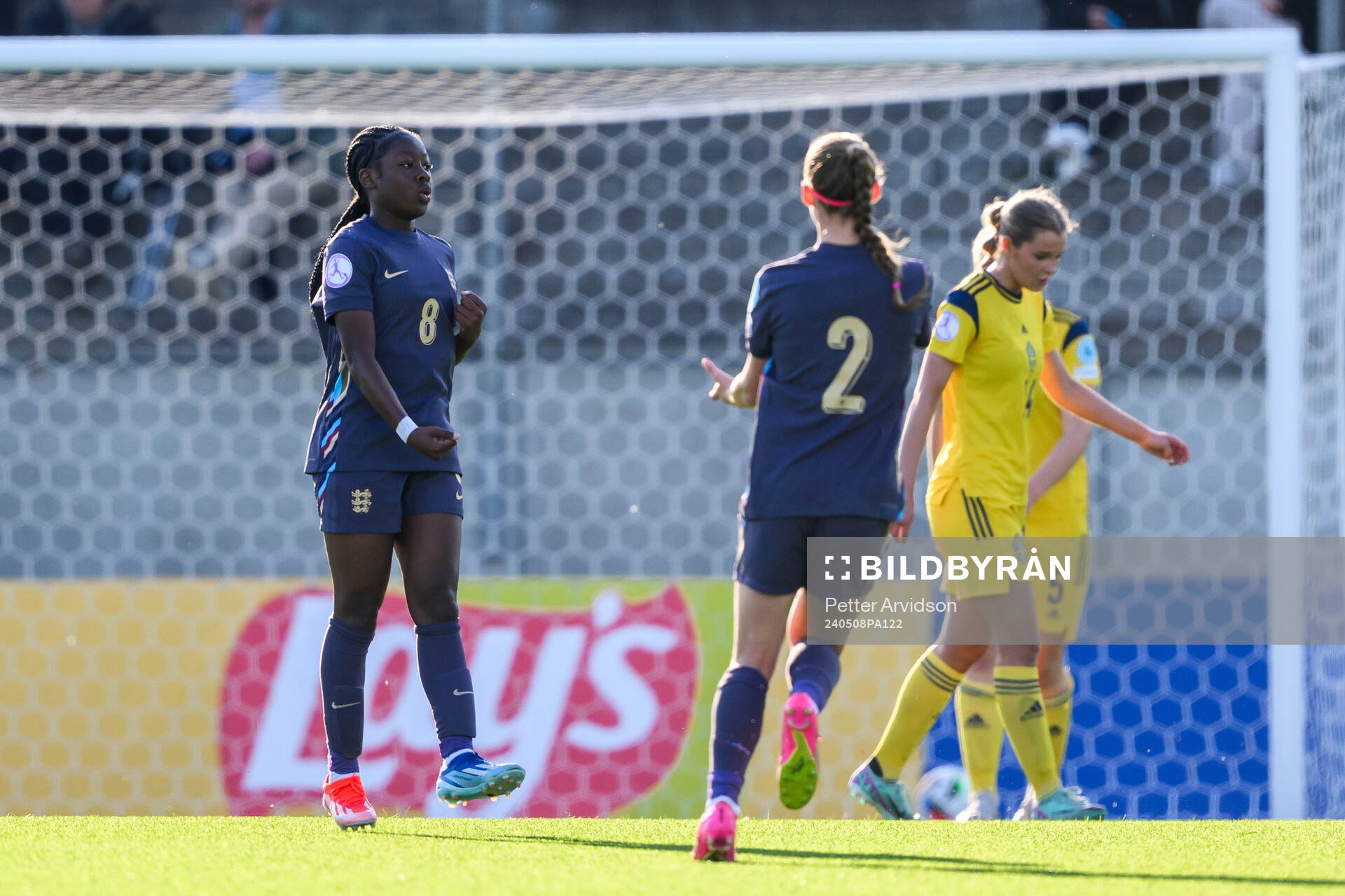 Omotara Junaid of England celebrates after scoring 1-2 during the UEFA European Women’s Under-17 Championship match between Sweden and England on May 8, 2024 in Lund.