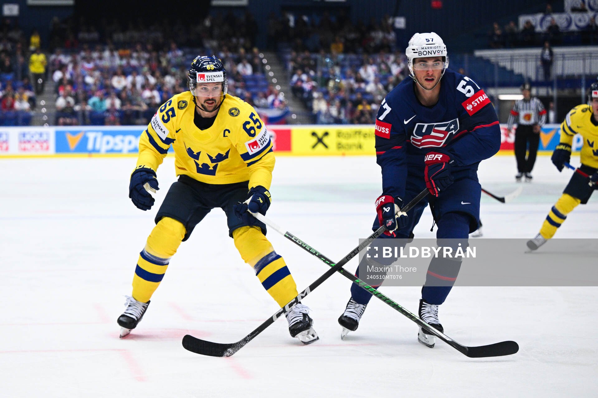 Erik Karlsson of Sweden and Shane Pinto of USA