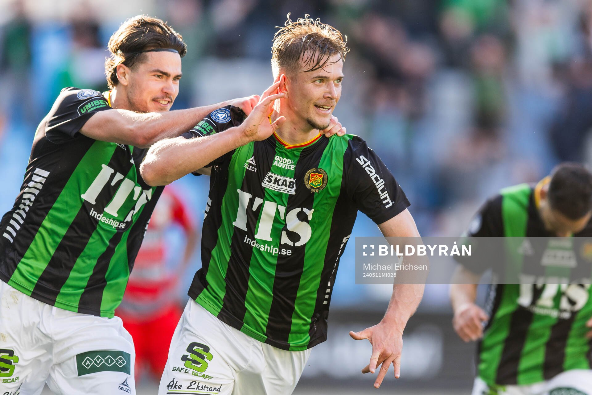 GAIS Alexander Ahl Holmström jublar efter 2-0 under fotbollsmatchen i Allsvenskan mellan GAIS och Västerås den 11 maj 2024 i Göteborg. 