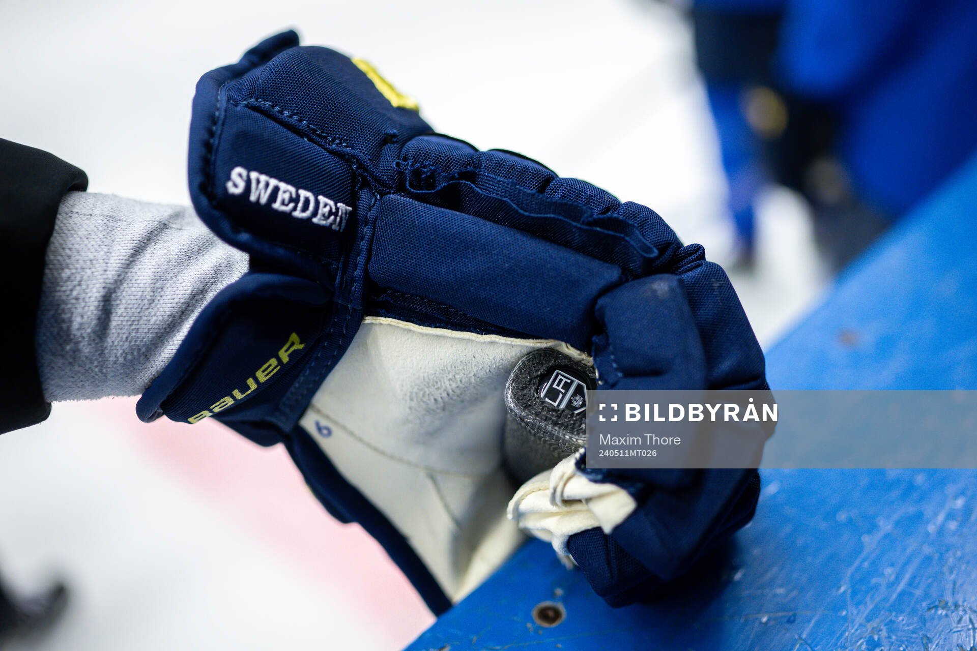 The stick of Adrian Kempe of Sweden at a practice session