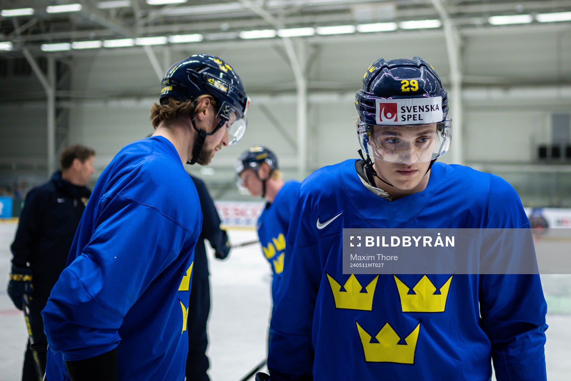 Adrian Kempe and Lucas Raymond of Sweden at a practice