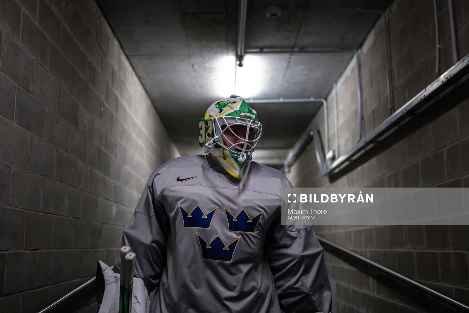 Goaltender Filip Gustavsson of Sweden at a practice session