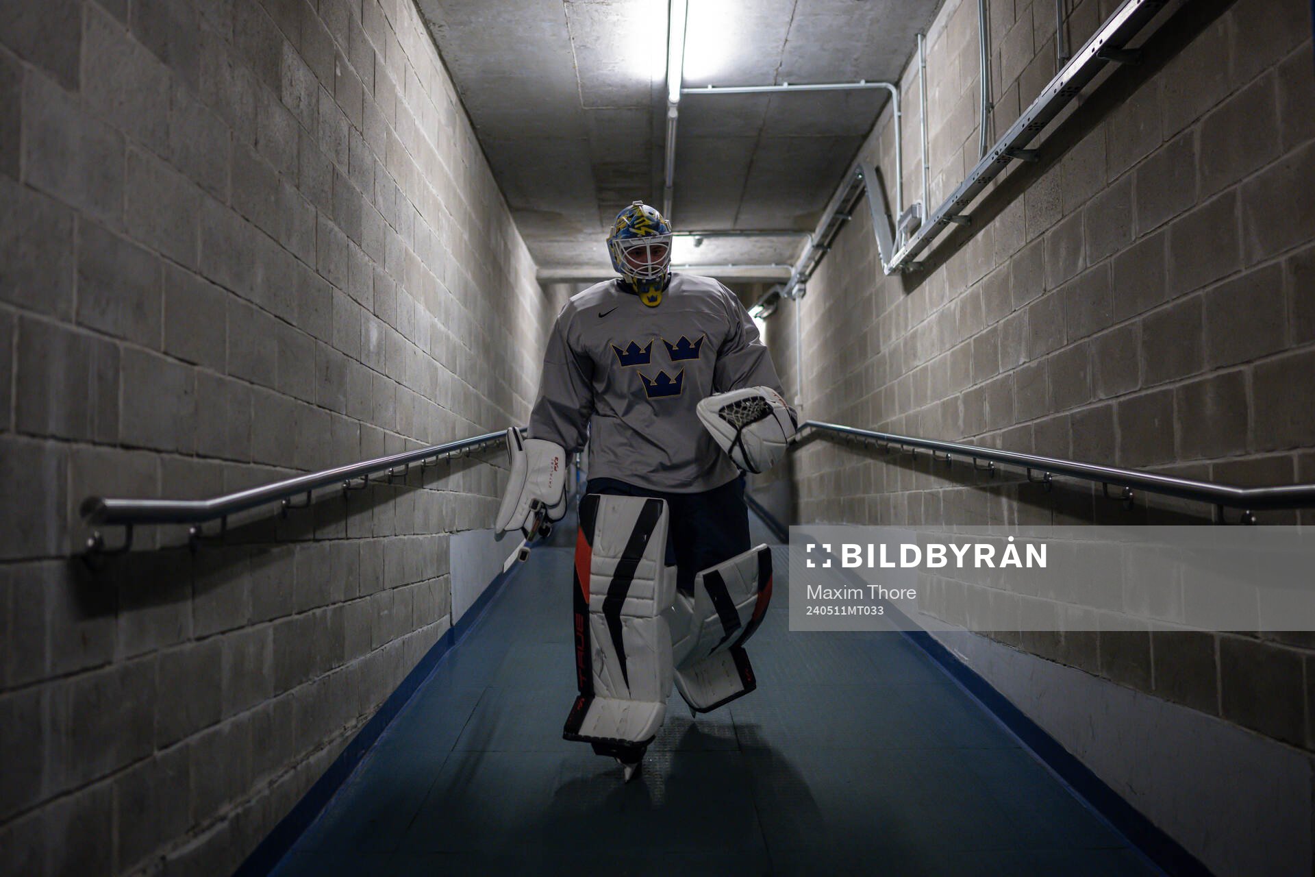 Goaltender goaltender Samuel Ersson of Sweden at a practice