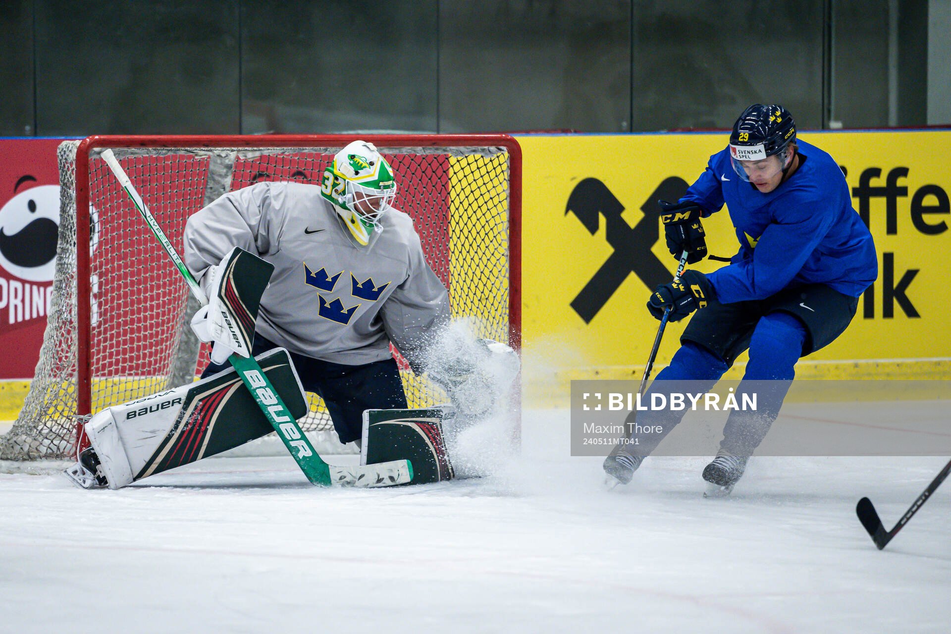 Goaltender Filip Gustavsson of Sweden at a practice session