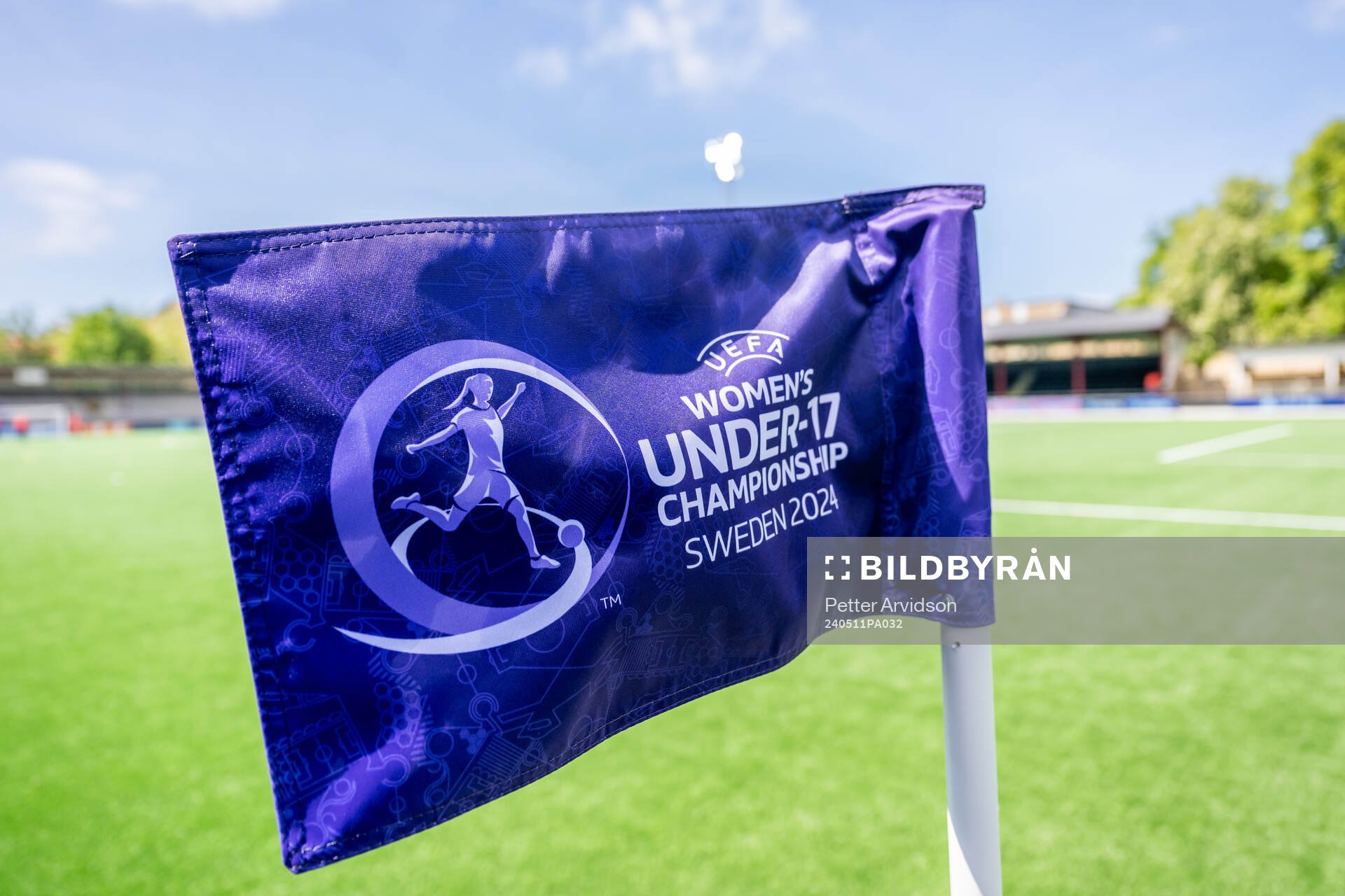 A corner flag at Malmö Idrottsplats ahead of the UEFA European Women’s Under-17 Championship match between Norway and Sweden on May 11, 2024 in Malmö. 
