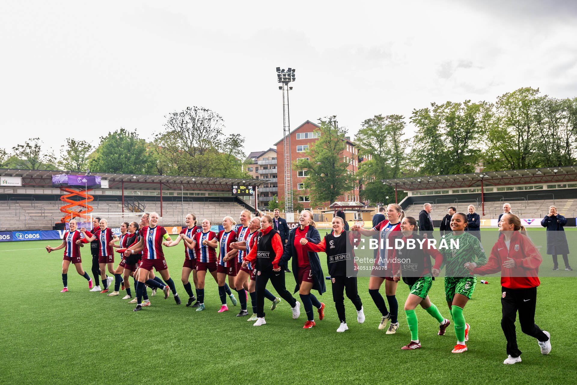 Players of Norway celebrate after the UEFA European Women’s Under-17 Championship match between Norway and Sweden on May 11, 2024 in Malmö.