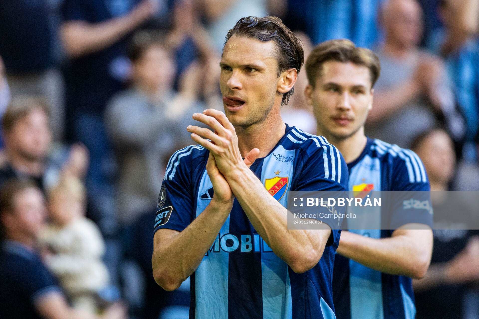 Djurgårdens Albin Ekdal jublar efter fotbollsmatchen i Allsvenskan mellan Djurgården och Elfsborg den 12 maj 2024 i Stockholm. 