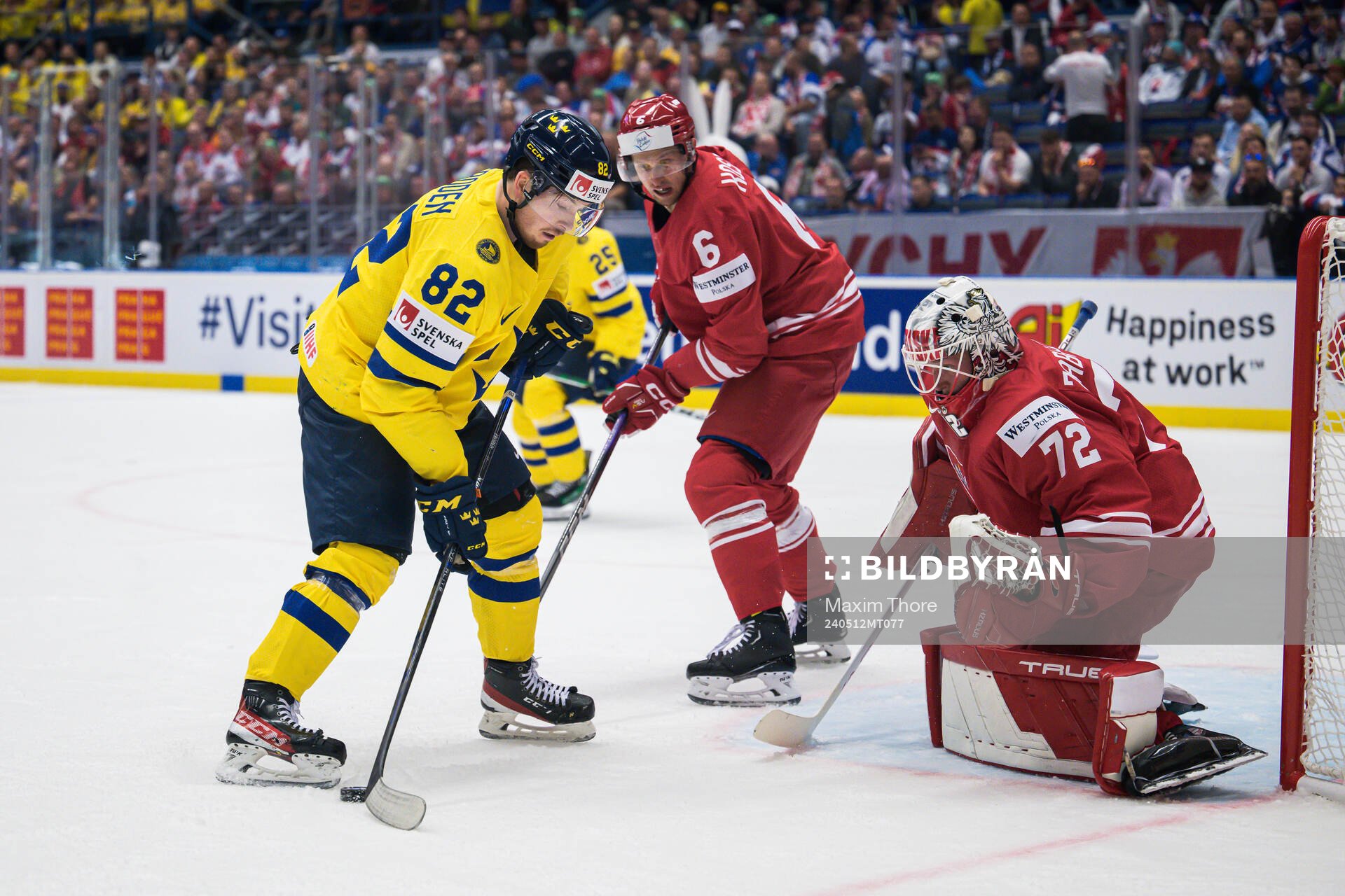 Jesper Frödén of Sweden and goaltender David Zabolotny of