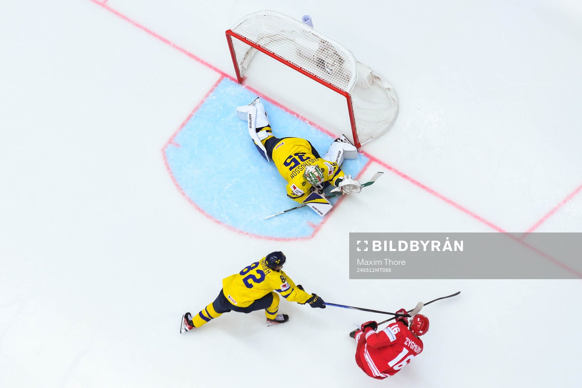 Jesper Frödén and goaltender Filip Gustavsson of Sweden