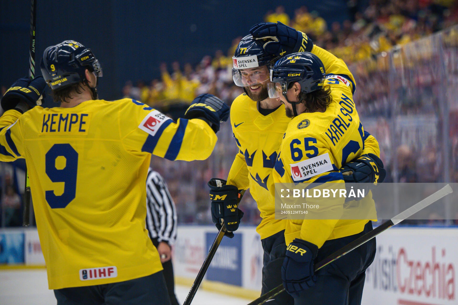 Adrian Kempe, Victor Hedman and Erik Karlsson of Sweden