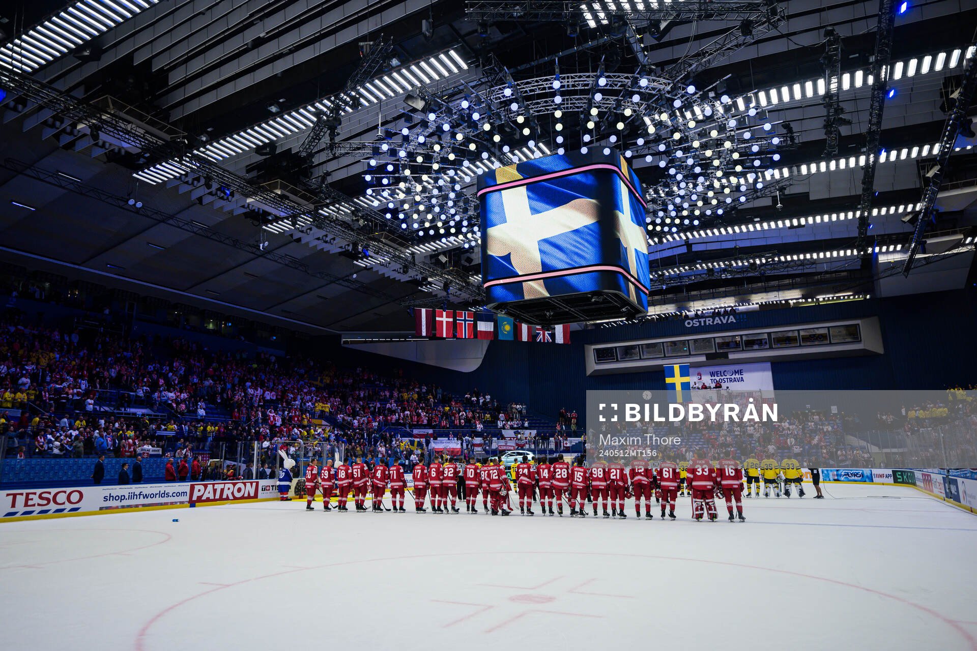 Players of Poland and of Sweden line-up for the national